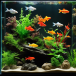 An image showcasing a fish tank filled with water, where various decorative items like colorful plastic plants, sunken ship ornaments, and pebbles appear buoyant and suspended in mid-air, defying gravity