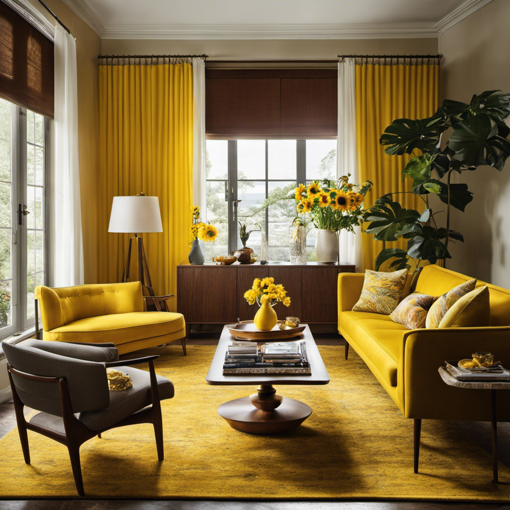An image showcasing a mid-century living room with vibrant yellow accents: a sunflower-hued sofa, golden curtains, a lemon-toned rug, and a retro lampshade