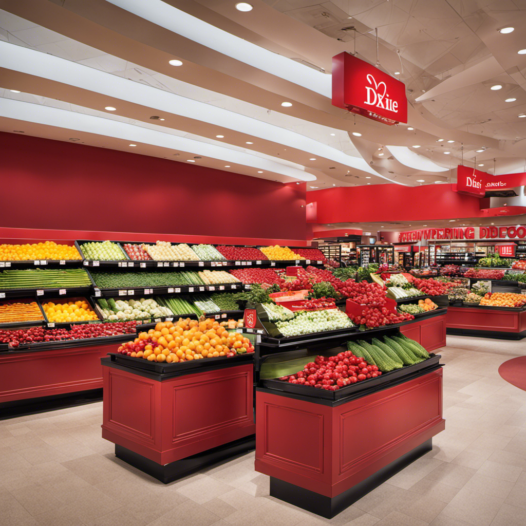An image capturing the vibrant essence of Winn Dixie's iconic red decor: vivid red shopping carts neatly aligned, crimson banners fluttering above neatly arranged produce, and a splash of scarlet flowers brightening the store entrance