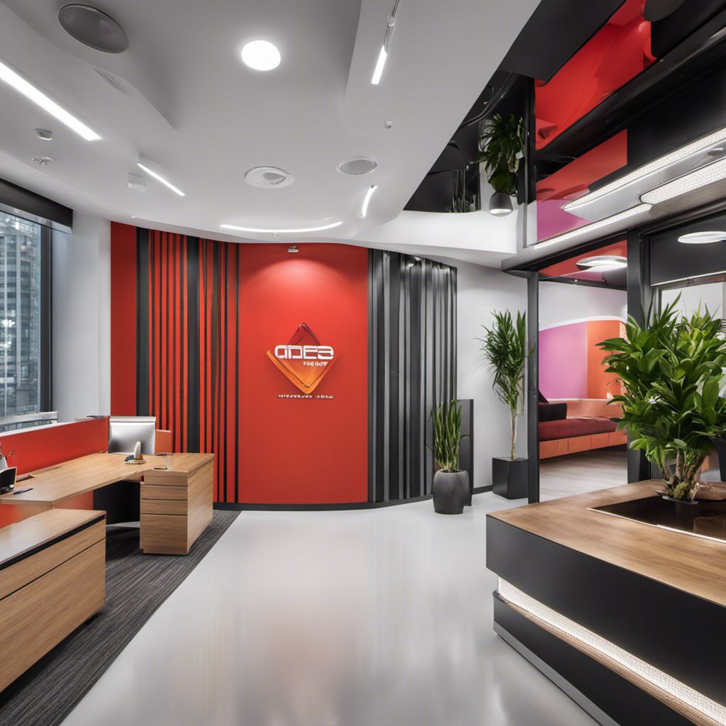 An image depicting a sleek, modern office space with vibrant, branded colors and logo prominently displayed on the walls, reflecting a professional and cohesive company brand