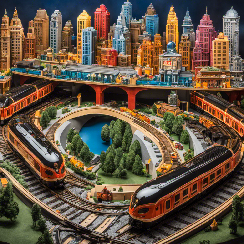 An image showcasing cities adorned with whimsical train sculptures, where vibrant locomotives rest atop roundabouts, railway tracks intertwine with urban streets, and station clocks become iconic landmarks against bustling city skylines