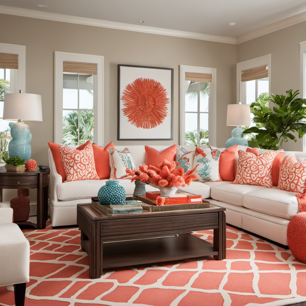 An image that showcases a vibrant coral-themed living room, complete with coral-patterned throw pillows, a coral-colored rug, and a cluster of coral sculptures on a sleek wooden coffee table