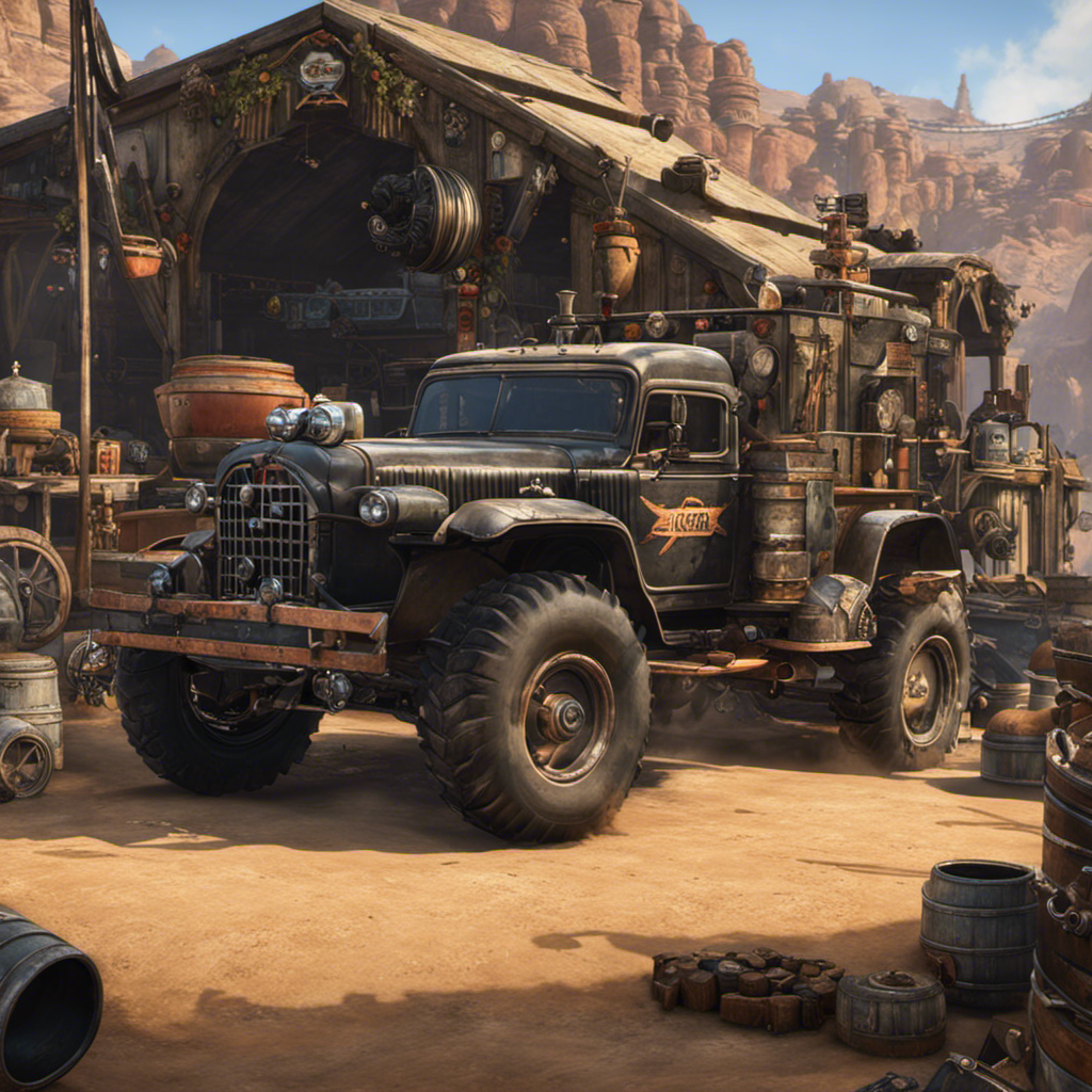 An image showcasing a player's garage in Crossout, filled with intricately designed vehicles adorned with elaborate decorative elements, such as menacing spikes, vibrant paint jobs, and personalized logos, highlighting the game's captivating decor system