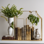 An image showcasing a narrow shelf adorned with a curated collection of delicate porcelain vases, a row of vintage leather-bound books, a cascading vine plant in a geometric gold pot, and a dainty silver picture frame displaying cherished memories