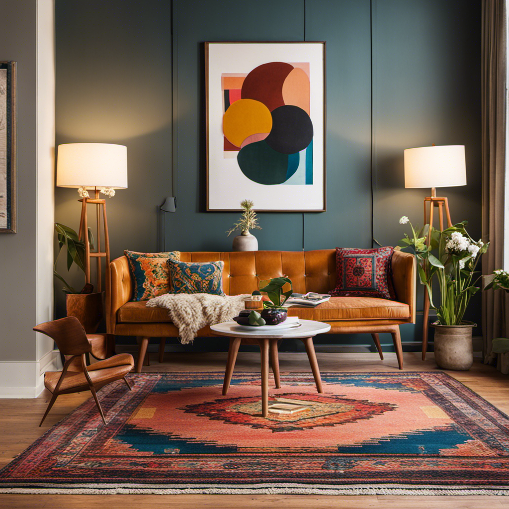 An image showcasing a vibrant living room filled with an eclectic mix of furniture pieces, including a mid-century modern sofa, bohemian rugs, a rustic wooden coffee table, and a contemporary floor lamp