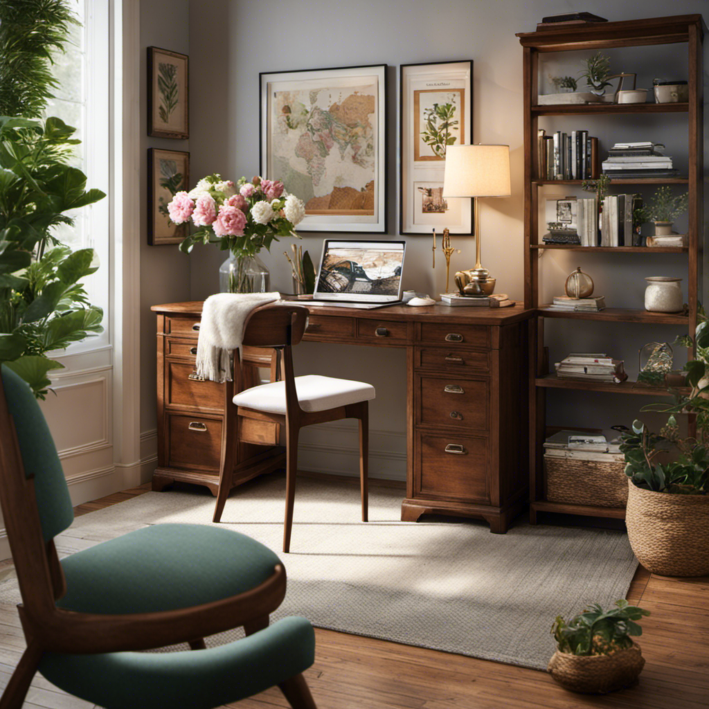 An image showcasing a cozy, well-lit home office with a vintage wooden desk adorned with fresh flowers, inspiring art prints, and quirky stationery