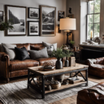 An image showcasing a rustic, vintage-inspired living room with a reclaimed wooden coffee table, leather armchair, and a gallery wall of black and white photographs, exuding an eclectic charm that effortlessly merges elegance with ruggedness