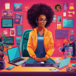 An image showcasing a vibrant workspace adorned with colorful posters of influential female coders, shelves full of tech-themed decor, and a cozy seating area with pillows and blankets in Girls Who Code-inspired colors