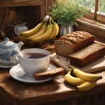 An image depicting a cozy, sunlit kitchen with a steaming cup of herbal tea beside a plate of freshly baked banana bread, offering a soothing and caffeine-free alternative to coffee during pregnancy