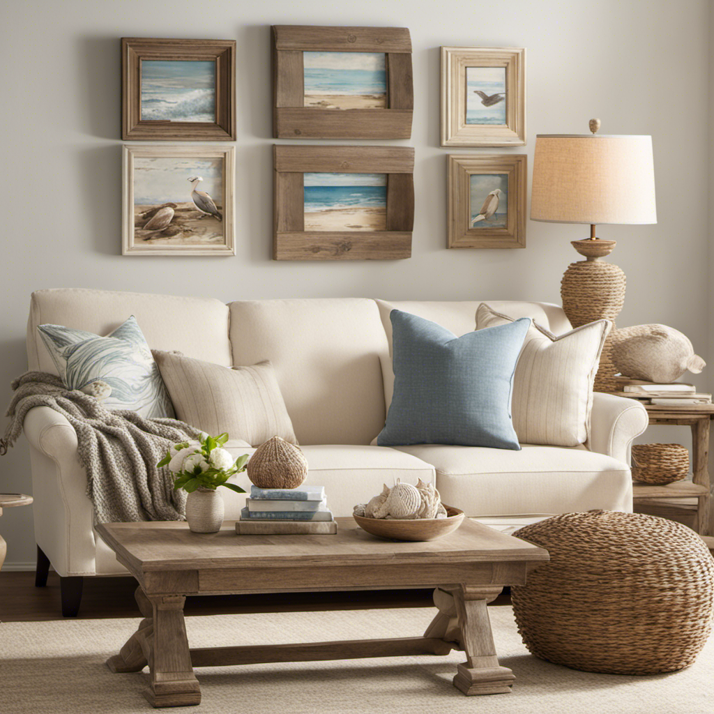 An image showcasing a serene coastal-inspired living room with seashell-adorned shelves, driftwood accents, and a sandy color palette