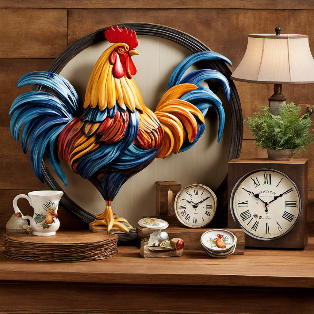 An image that showcases a rustic farmhouse kitchen adorned with an assortment of charming large rooster decor, including hand-painted ceramic rooster sculptures, rooster-patterned curtains, and a vibrant rooster-themed wall clock