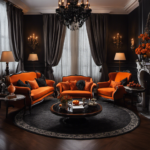 An image showcasing a cozy living room adorned with black lace curtains, a vintage candelabra centerpiece casting eerie shadows, and a plush orange sofa embellished with spider web throw pillows