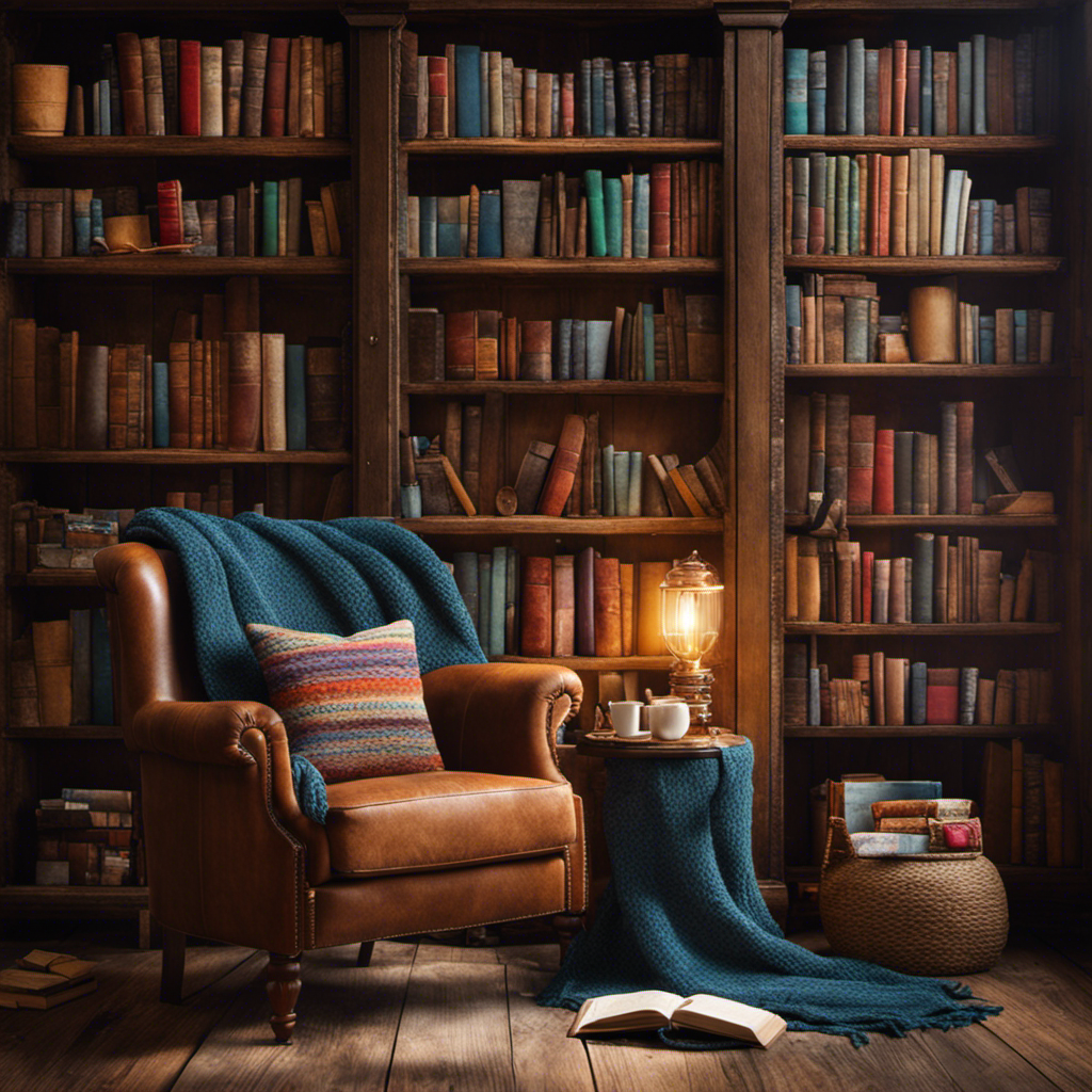 An image showcasing a cozy reading nook with a vintage armchair, adorned with an assortment of colorful books arranged artfully on a rustic wooden bookshelf, complimented by a soft knit blanket and a steaming cup of tea