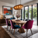 An image showcasing a rustic wooden dining table adorned with a minimalist centerpiece, surrounded by plush velvet dining chairs in various vibrant hues, complemented by a gallery wall displaying eclectic artwork and a statement pendant lighting fixture above