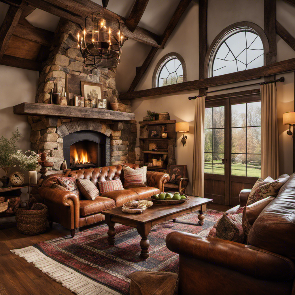 An image showcasing a cozy farmhouse living room adorned with rustic wooden beams, a crackling fireplace, vintage floral armchairs, and a handmade patchwork quilt draped over a worn leather sofa