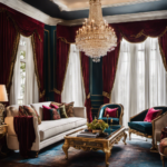 An image showcasing a tastefully decorated living room, adorned with luxurious velvet drapes, a plush velvet sofa, an ornate chandelier, and vibrant artwork accentuating the opulent ambiance