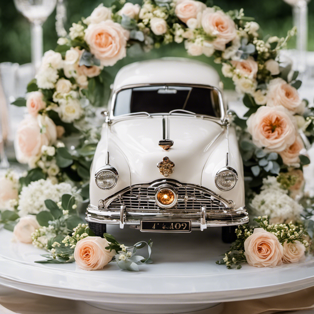 An image of a white vintage car adorned with lush floral garlands and delicate lace ribbons