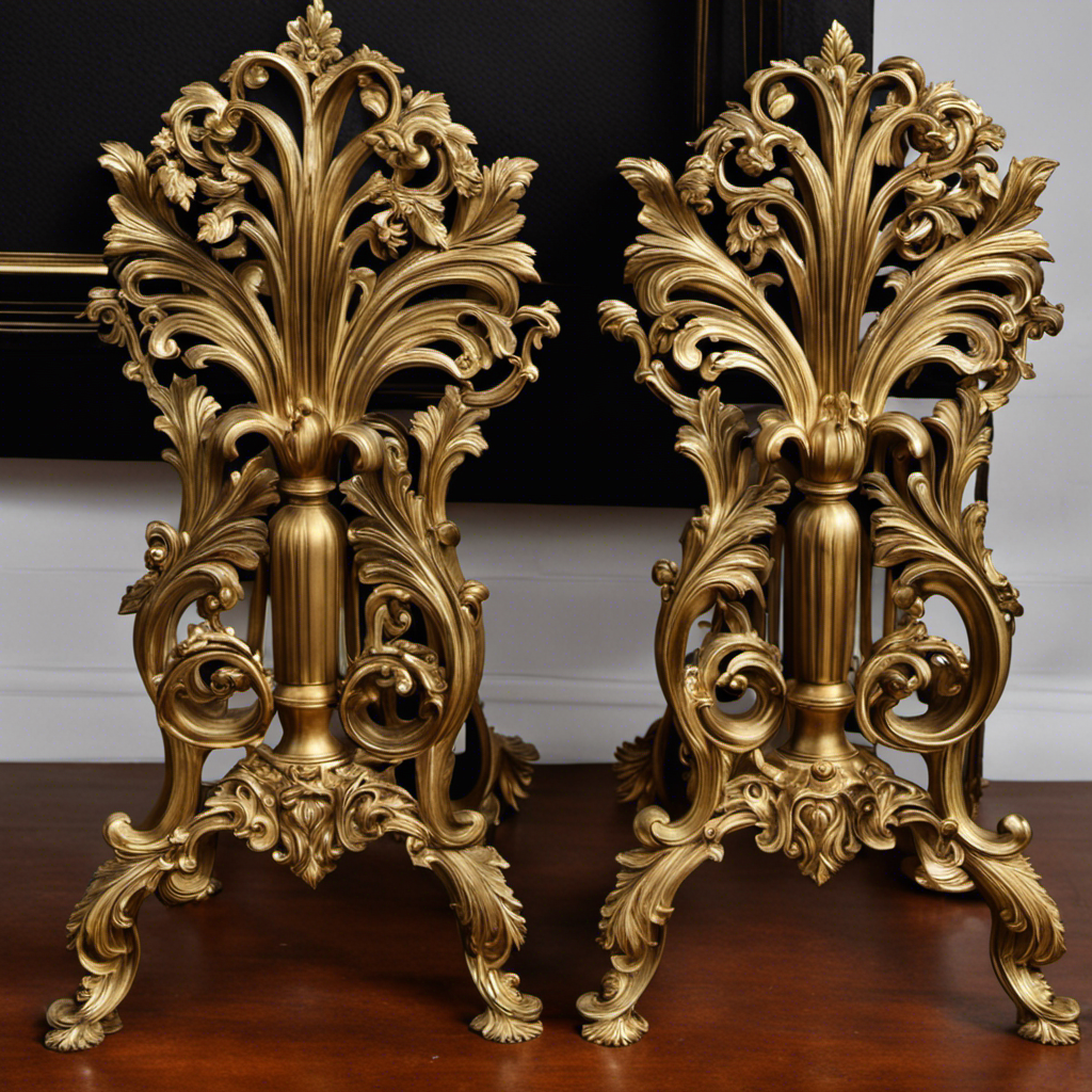 An image showcasing a pair of intricately designed brass fireplace andirons coated in gold decor art paint