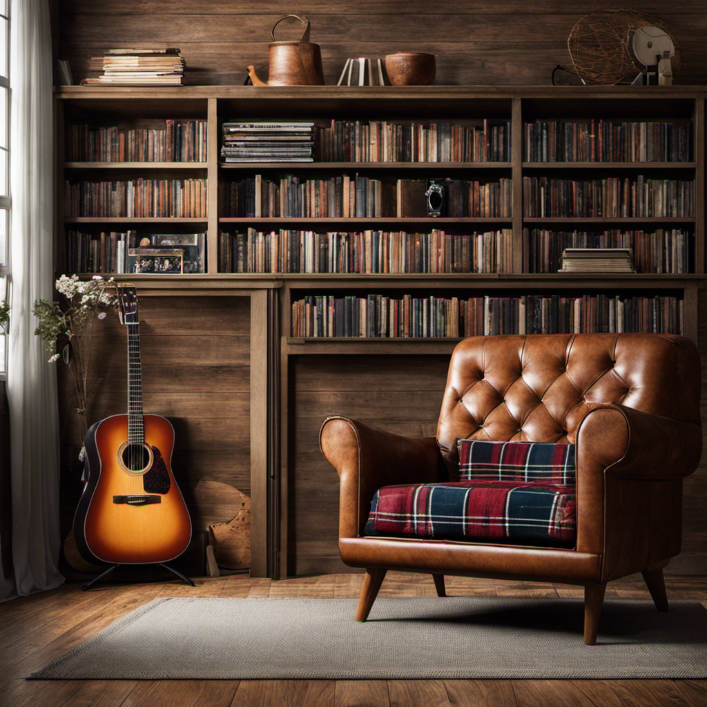 An image featuring a cozy living room where a rustic wooden bookshelf displays a collection of vintage vinyl records, while a leather armchair sits beside it, adorned with a plaid blanket and a guitar resting against its side