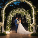 An image capturing a grand white archway adorned with cascading vines, delicate blooms, and twinkling fairy lights, beautifully framing the entrance of an enchanting church, amplifying the illusion of spaciousness and elegance for wedding decor