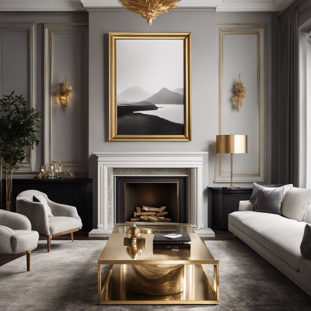 An image showcasing a sleek, modern living room with a striking, vintage gold frame perfectly placed above a contemporary, minimalist fireplace, seamlessly blending old-world charm with contemporary decor