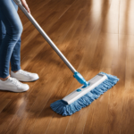 An image capturing a pair of hands holding a microfiber mop, gently gliding across a glossy vinyl plank floor