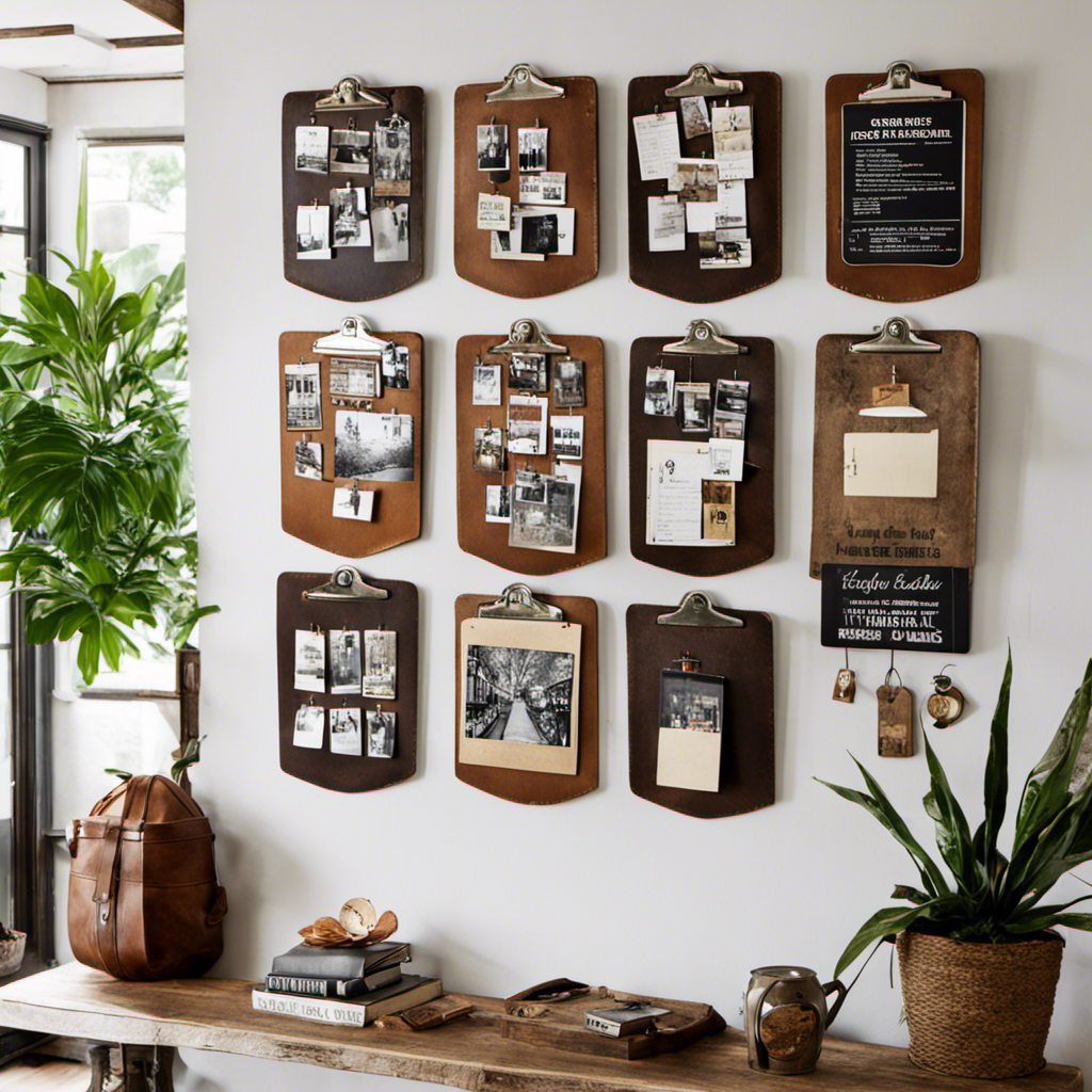 An image showcasing a stylish living room wall adorned with a row of vintage clipboards, each displaying unique artwork, photographs, and inspirational quotes
