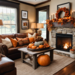 An image capturing the essence of Jen's Fall Decor: a cozy living room adorned with warm-hued throw blankets and plush pillows, a rustic fireplace crackling with autumnal scented candles, and a charming pumpkin centerpiece on a wooden coffee table