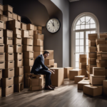 An image depicting a customer eagerly peering through a foggy window, surrounded by stacked boxes of flooring materials, while a clock on the wall displays the passing time, symbolizing the anticipation and uncertainty of their Floor and Decor order