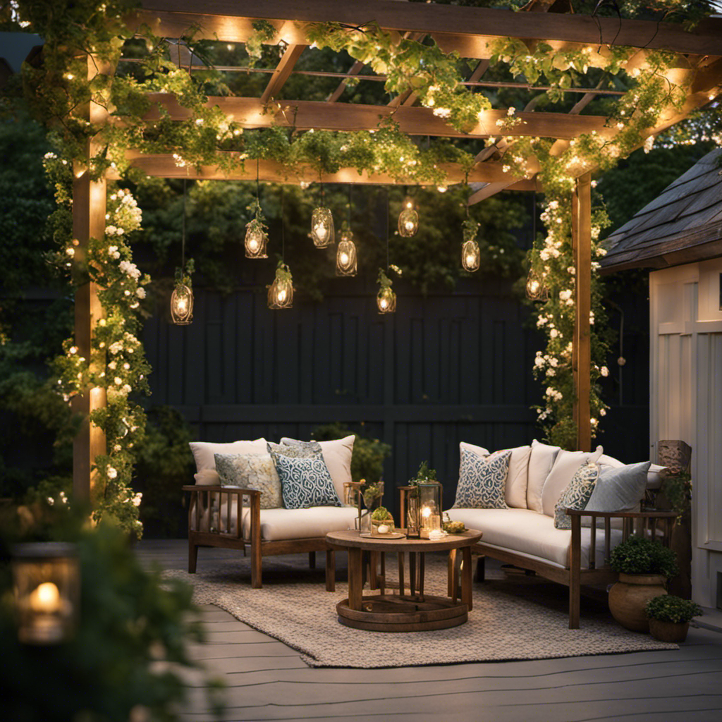 An image showcasing a charming outdoor space with a cozy seating arrangement under a vine-covered pergola
