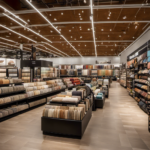 An image showcasing a vast floor and decor store with rows of beautifully displayed tiles, carpets, and mosaics, accompanied by a crowd of shoppers browsing the numerous aisles and sections