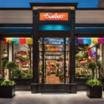 An image showcasing a diverse array of vibrant Floor and Decor store facades, with each location uniquely adorned with colorful banners, plants, and eye-catching signage, all bustling with shoppers