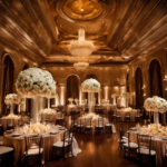An image showcasing a lavishly adorned wedding reception venue, featuring crystal chandeliers casting a soft glow on opulent floral centerpieces, elegant candelabras, and intricately draped fabrics cascading from the ceiling