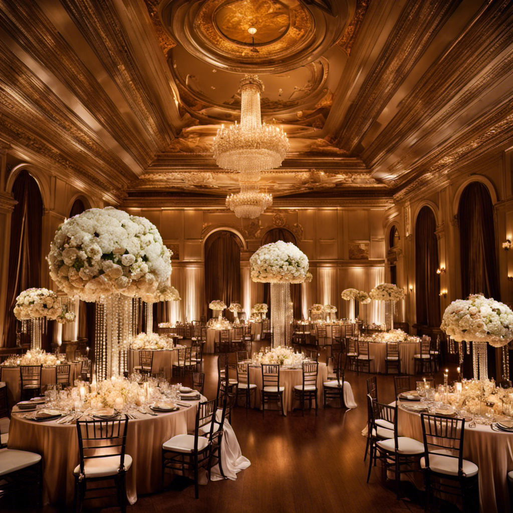 An image showcasing a lavishly adorned wedding reception venue, featuring crystal chandeliers casting a soft glow on opulent floral centerpieces, elegant candelabras, and intricately draped fabrics cascading from the ceiling