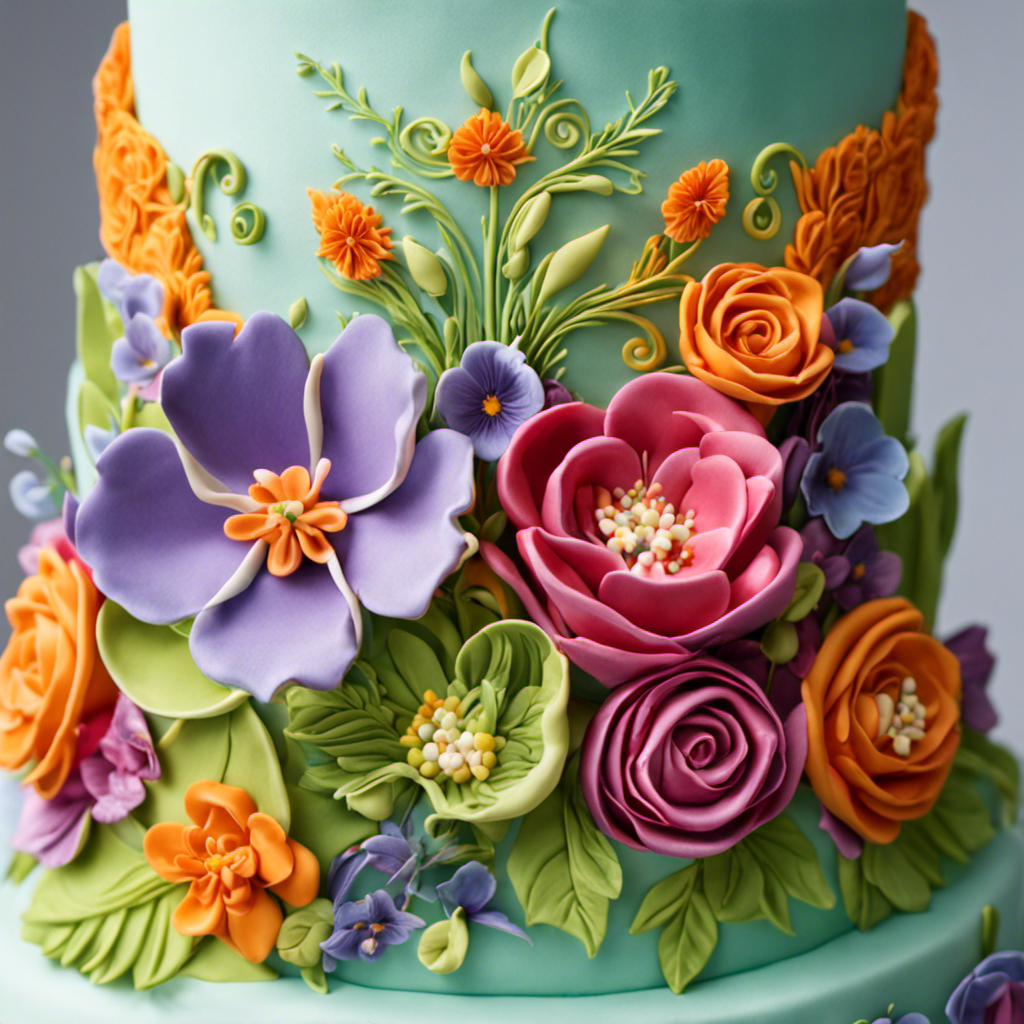 An image showcasing a skilled cake decorator delicately piping intricate designs onto a multi-tiered cake masterpiece