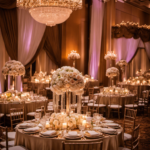 An image showcasing an exquisite tablescape adorned with cascading floral centerpieces, delicate candle holders, and elegant linen drapes in a luxurious wedding venue