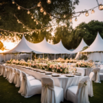 An image showcasing an elegant, outdoor wedding reception