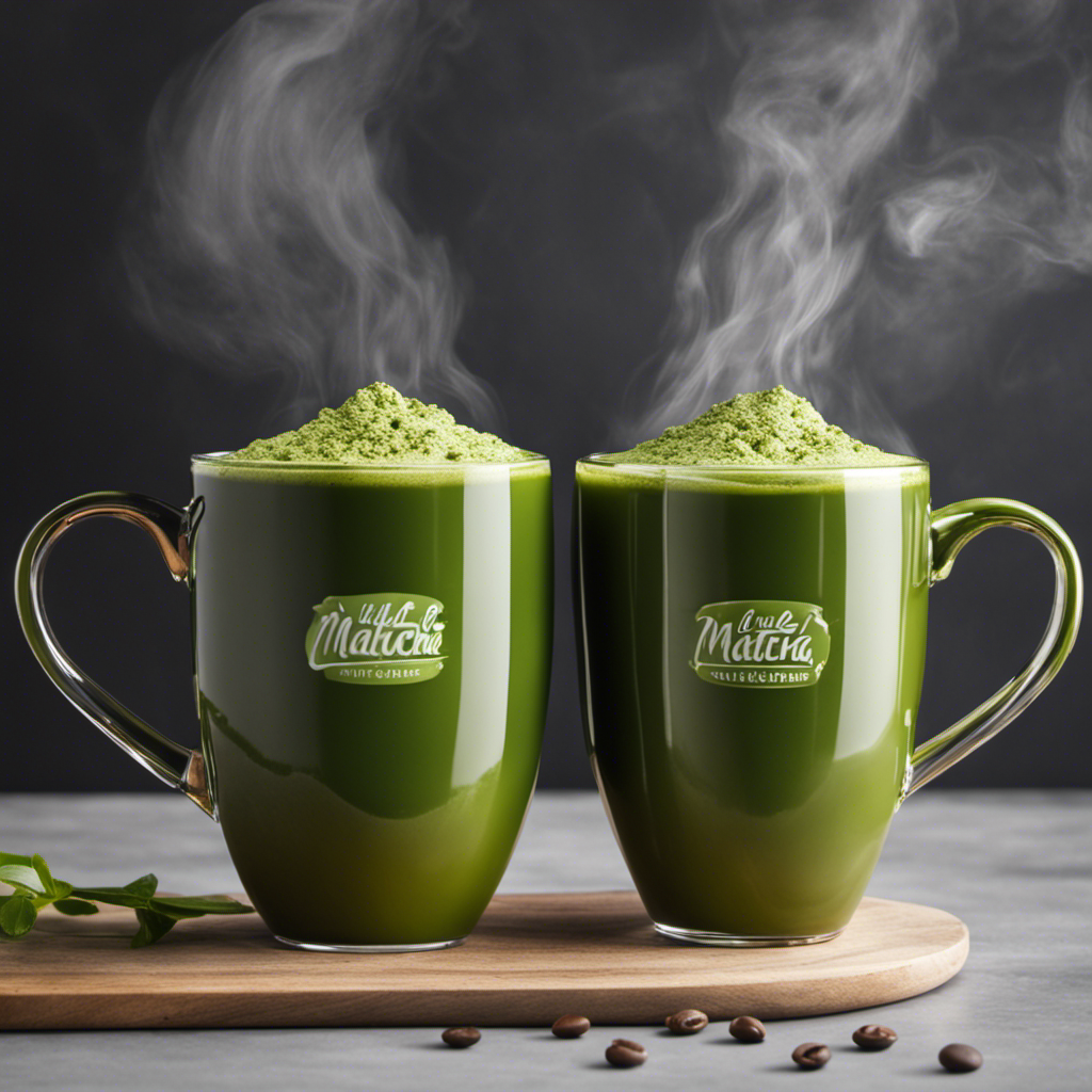 An image showcasing two identical mugs side by side, one filled with a rich, steamy cup of coffee and the other with a vibrant green matcha latte, illustrating the perfect matcha-to-coffee substitution
