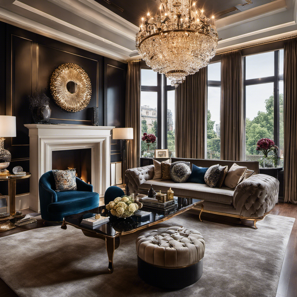 An image showcasing an elegantly furnished living room with a Forma, adorned with luxurious silk curtains, a plush velvet sofa, a crystal chandelier, and exquisite artwork, illustrating the opulence and potential cost of decor