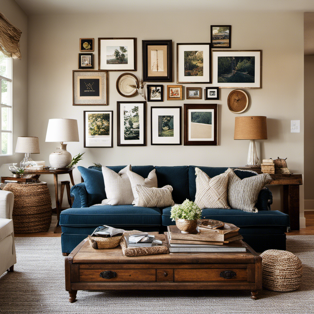 An image showcasing a charming living room with a cozy, vintage sofa adorned with hand-knit pillows, a rustic coffee table holding cherished family albums, and a personalized gallery wall reflecting the homeowners' individuality
