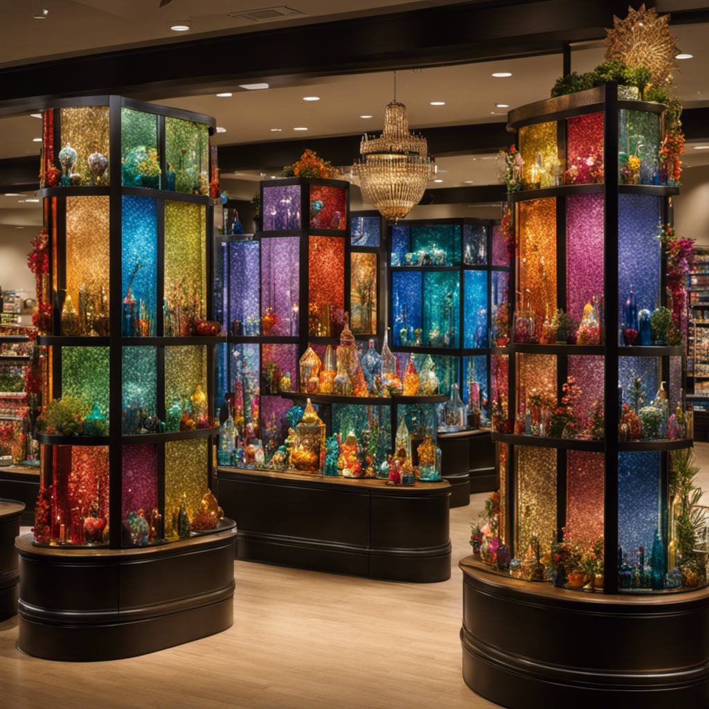 An image showcasing a vibrant display of glass decor at Hobby Lobby, with colorful stained glass panels hung on the walls, intricately designed glass figurines arranged on shelves, and sparkling glass vases adorning a table, evoking an atmosphere of elegance and creativity