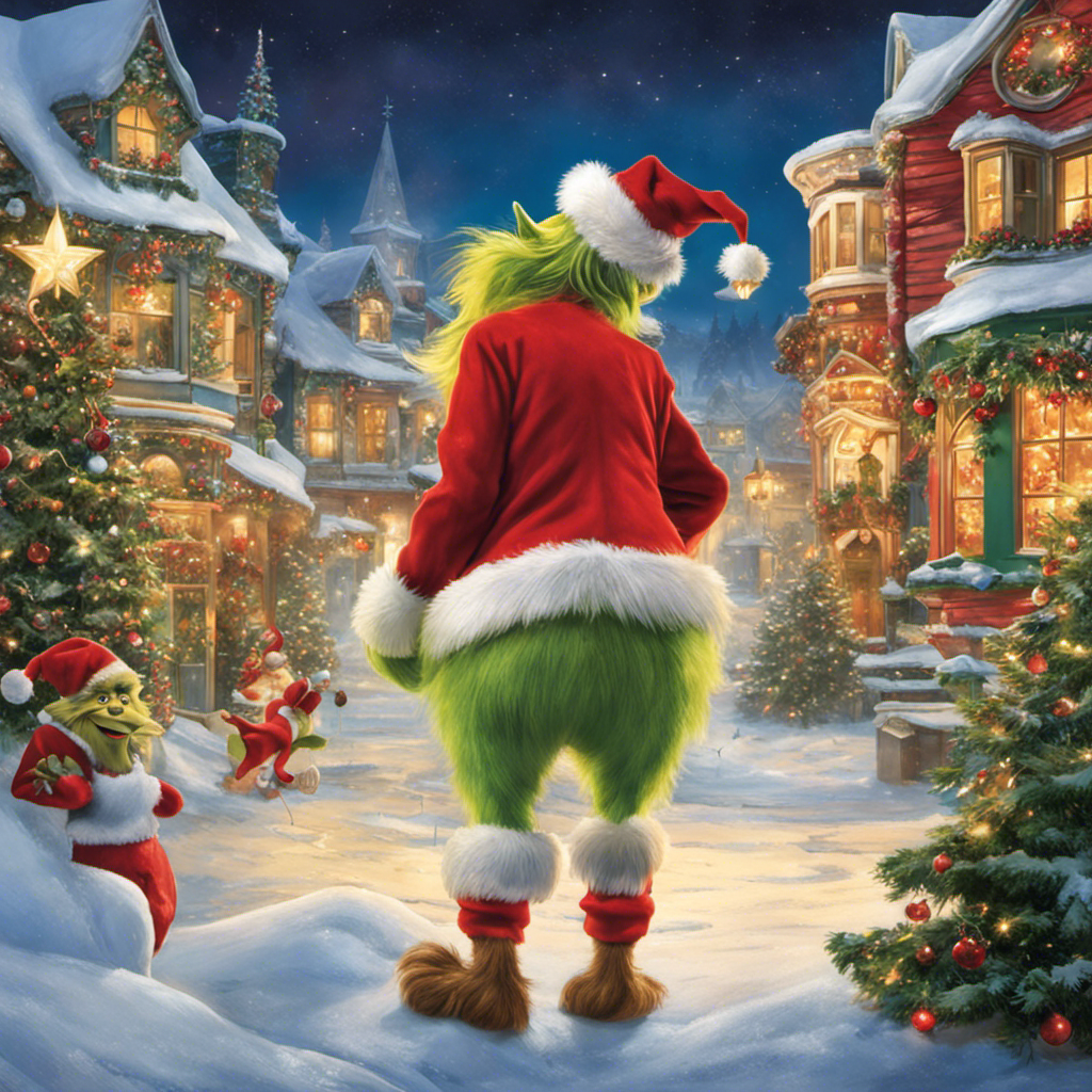 An image showcasing a mischievous Grinch, dressed in his iconic red Santa suit, tiptoeing through a quaint snow-covered town, clandestinely plucking vibrant ornaments and twinkling lights from each house's festive decorations
