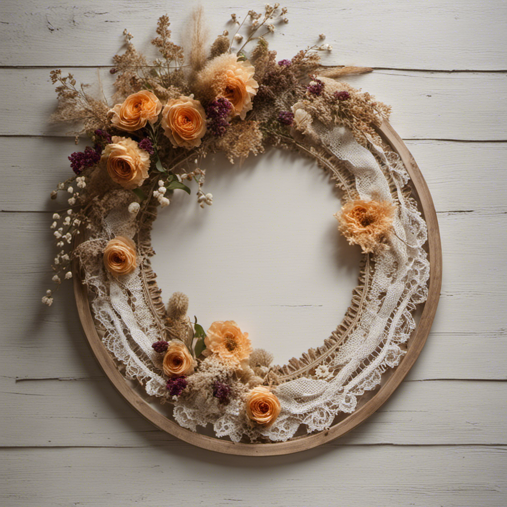 An image of a vintage doily delicately draped over a rustic wooden frame, adorned with a bouquet of dried flowers and hanging on a whitewashed wall