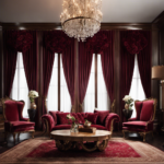 An image showcasing a cozy living room with deep burgundy curtains draping elegantly over large windows, a plush velvet burgundy armchair, and a rustic wooden coffee table adorned with a bouquet of burgundy roses