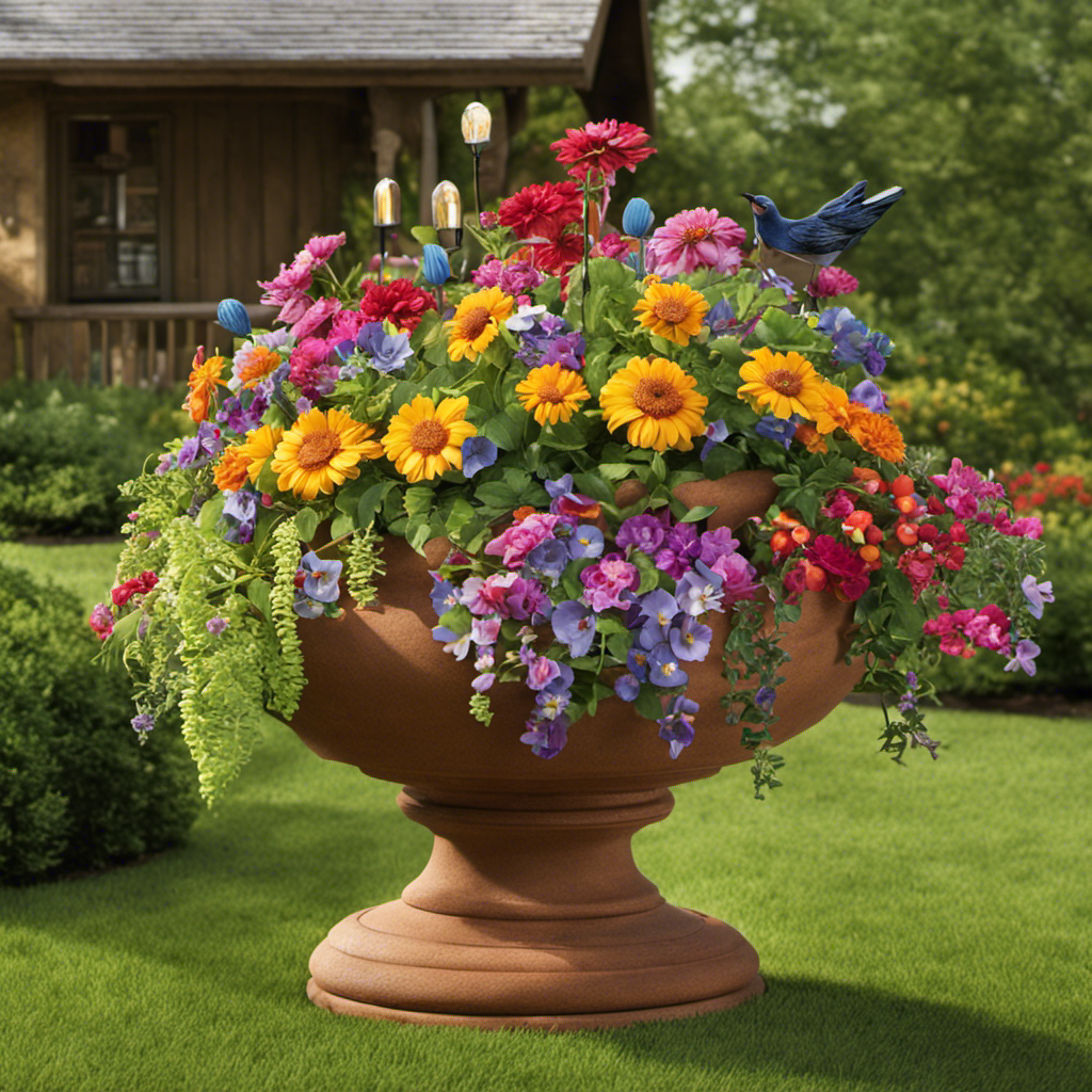 An image showcasing vibrant, cascading flowers spilling over the edges of a weathered terracotta planter