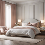 An image showcasing a serene bedroom with minimalistic furniture, adorned with soft pastel hues
