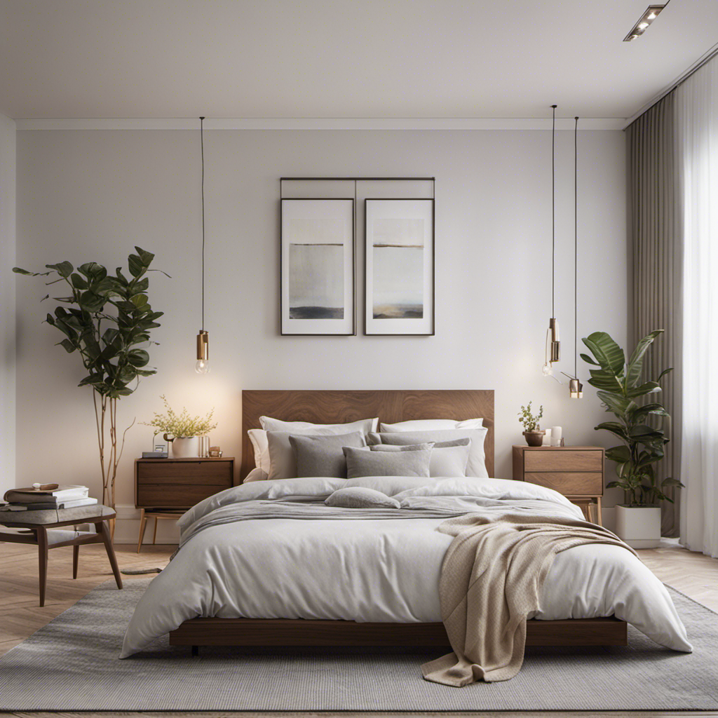 An image of a serene bedroom with freshly painted walls adorned with minimalist artwork, a cozy bed with crisp white linens and a plush rug