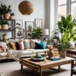 An image showcasing a stylish home decor enthusiast meticulously arranging vibrant throw pillows on a chic, neutral-toned couch, surrounded by meticulously curated shelves displaying aesthetically pleasing decor items and lush indoor plants