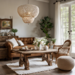 An image showcasing a charming living room: a rustic wooden coffee table adorned with a vintage crocheted doily, surrounded by plush farmhouse-style furniture, harmoniously combined with traditional elements like a classic chandelier and ornate picture frames