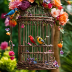 An image showcasing a skilled artisan meticulously crafting a beautiful birdcage from intricately woven twigs, adorned with delicate flowers and hanging bird toys, surrounded by a plethora of vibrant feathers